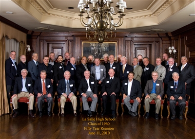 Class of 1960
Front row (L-R): Pat Sweeney, Bill Burke, Dick Miller, Art Bettencourt, Brother Mel Anderson, FSC, John Pianta, Joe Siefke, Michael Clark-Dreibus,
Middle row (L-R): Dennis Burke, Mitch Drisco, Sid Dannenhauer, Tom Siegmeth, William Kondusky, Chuck Wagner, Ted Saraf, Tim Johnson, Jim Dirmann, Larry Fetters, Bill Daws, Joe Cici, Barry Schweiger, Michael Ford, Tom Leslie
Back Row (L-R): Al Lumas, Jack Wiegand, Michael Hinojos, Paul Lenichek, Jerry Trottier, Terry O’Toole